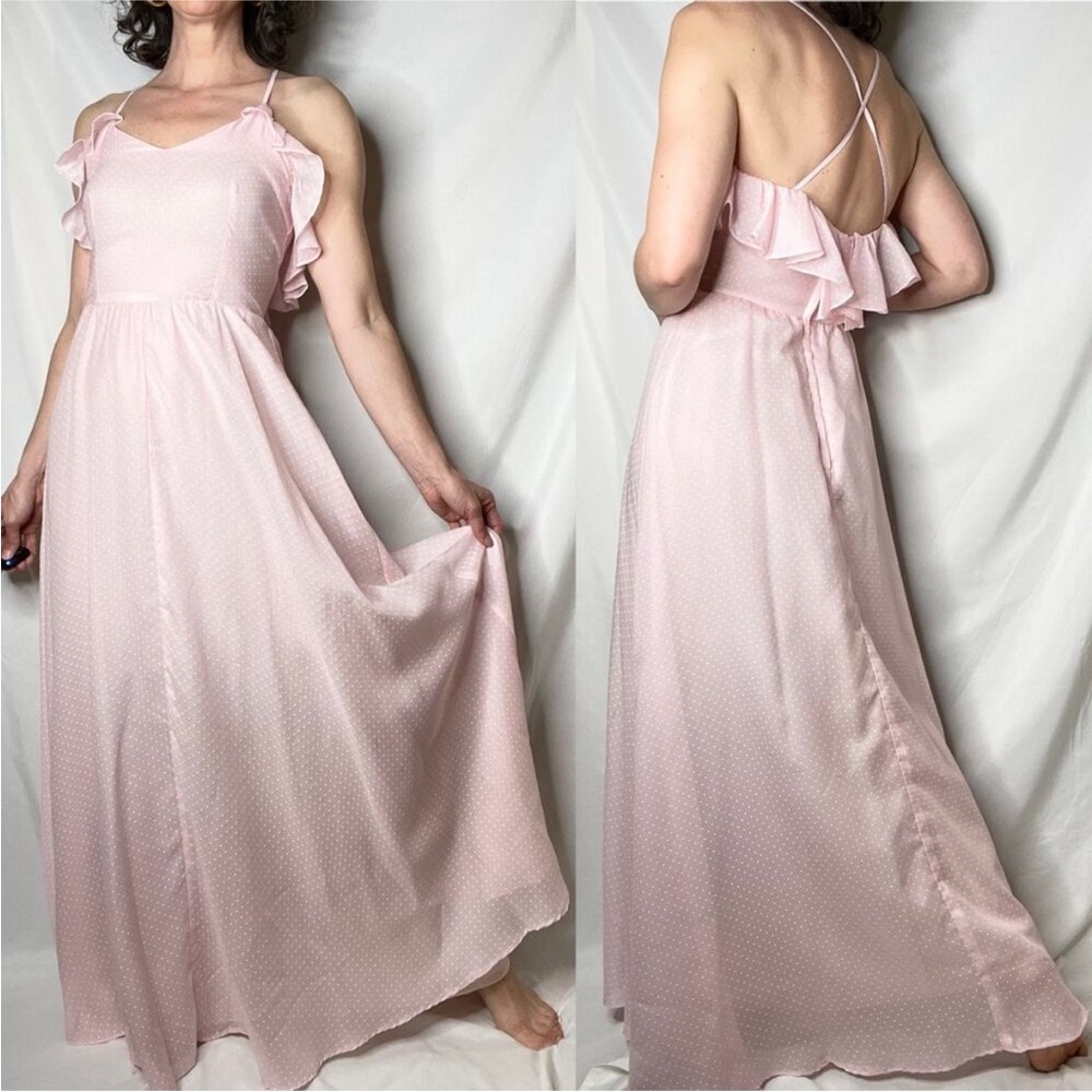 Vintage 80s baby pink ruffle sleeveless maxi dress polka dot pastel prom XS